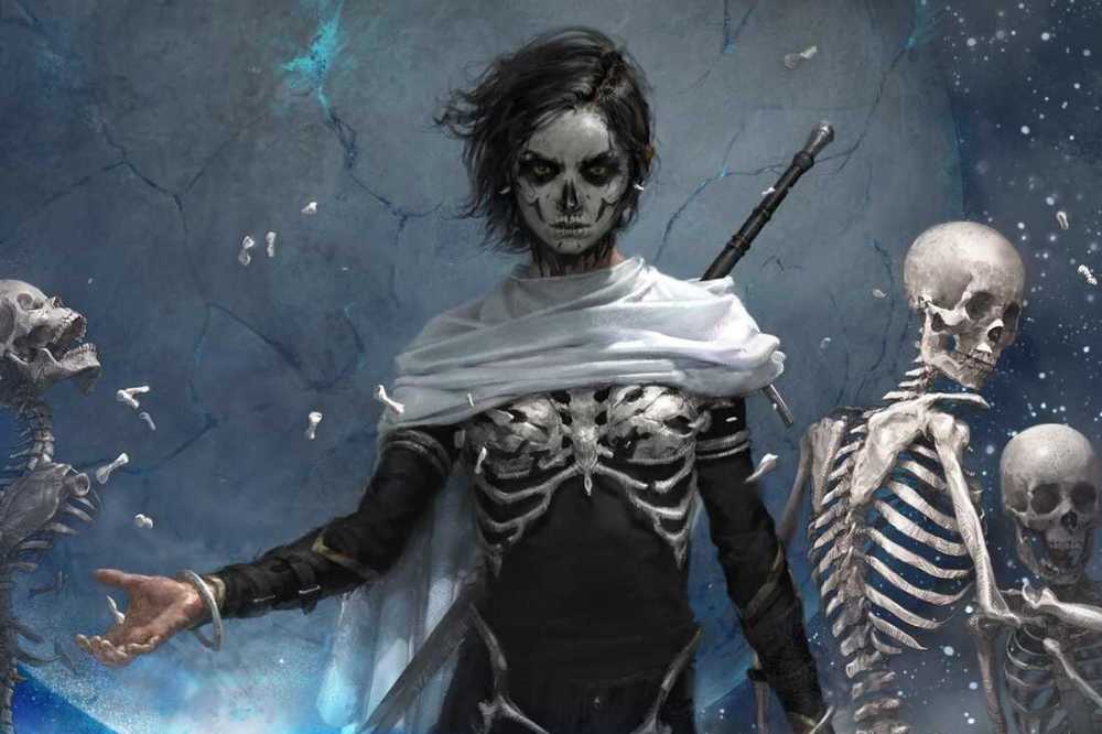 a person with a painted on skull face stands among skeletons