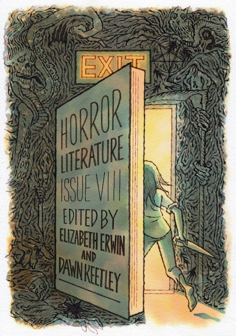 An illustration of the back of a young woman as she enters through a door while carrying a knife. The wall surrounding the door holds monsters.