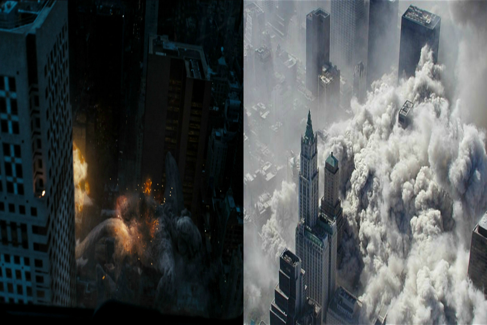 Smoke as an indicator of destruction in the film (left) and in real life (right)