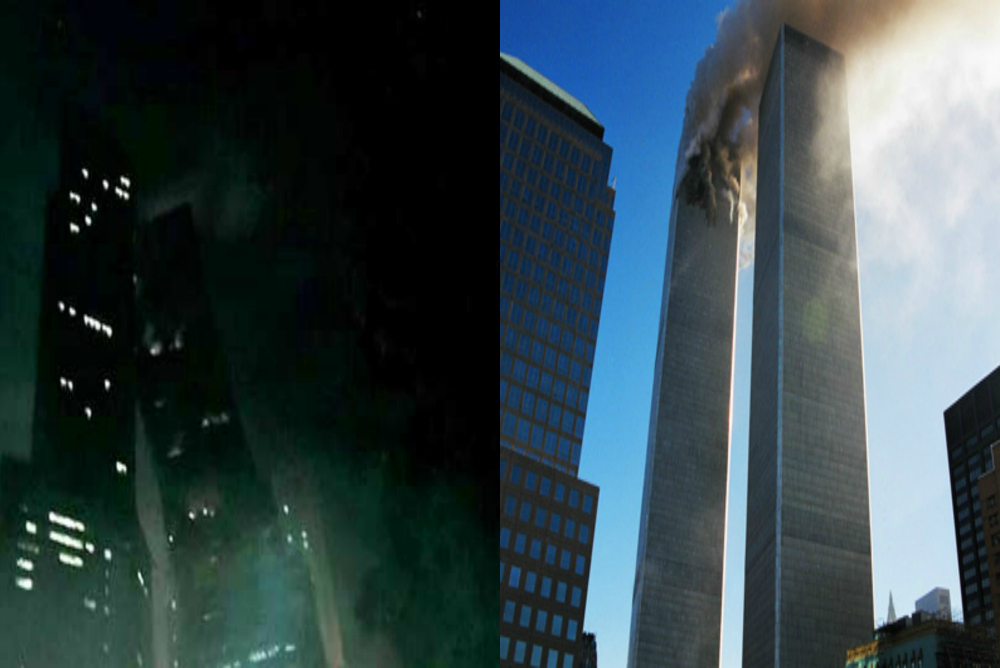 Buildings on the verge of collapse. Cloverfield scene (left) and scene from 9-11 (right)