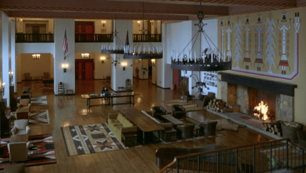 empty, ornate common room in a hotel