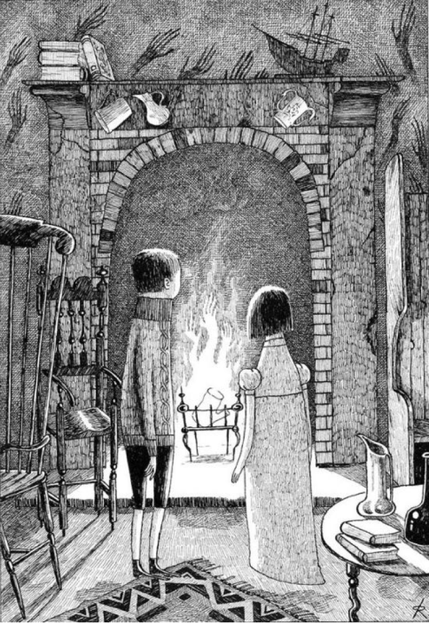 An illustration of a bot and a girl standing in front of a fire in a fireplace.