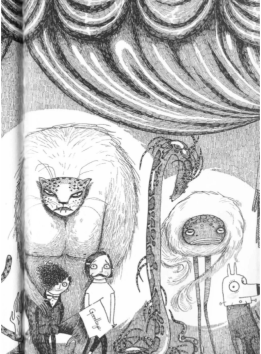 An illustration of two children surrounded by monsters in various forms