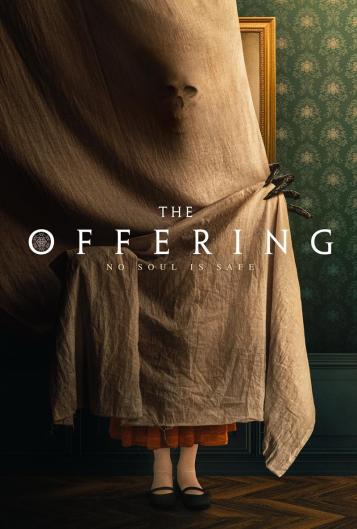 poster for the movie The Offering showing a draped fabric with human feet at the bottom. There is a claw reaching out from behind the cloth.