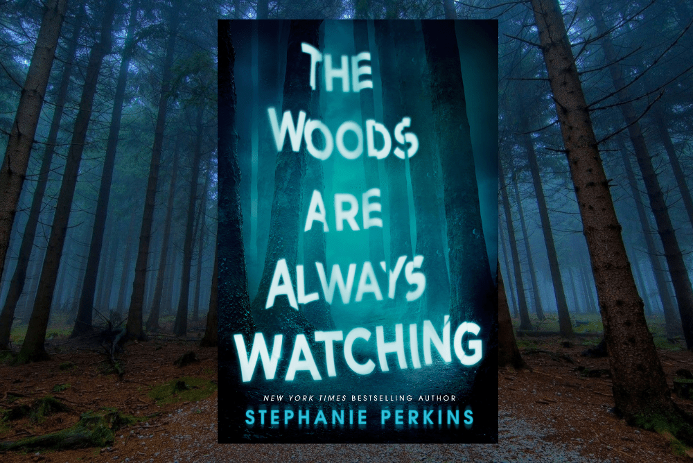 book cover superimposed over image of woods