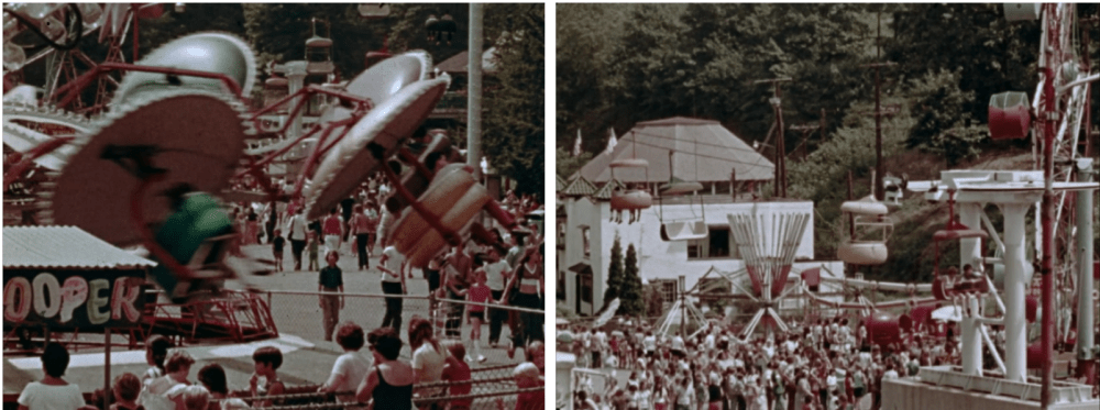 scenes of rides at an amusement park and crowds watching