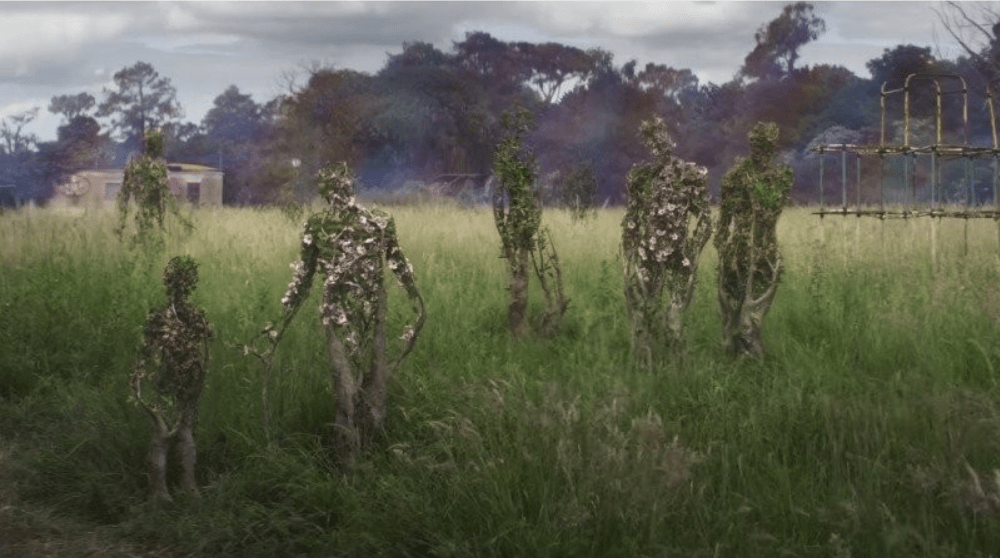 human frames made of flowers, leaves, and grass walk in a field