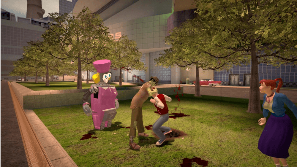 video game image of a zombie attacking a person as two people look on
