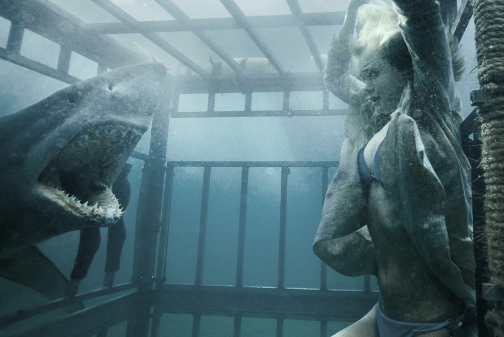 A woman in a cage underwater is menaced by a shark